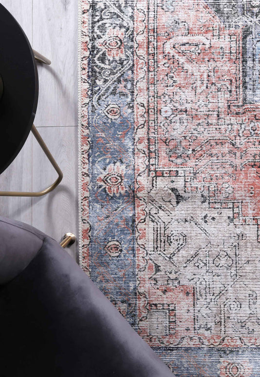 Distressed Vintage Cezanne Terracotta Blue Washable Runner - VITAL 1610-01