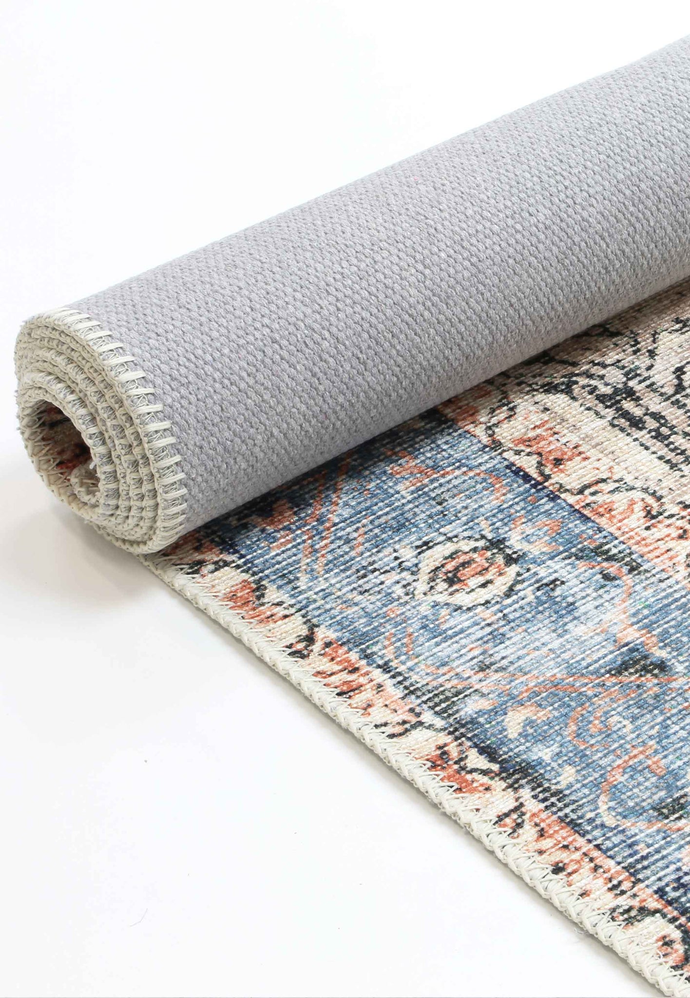 Distressed Vintage Cezanne Terracotta Blue Washable Runner - VITAL 1610-01