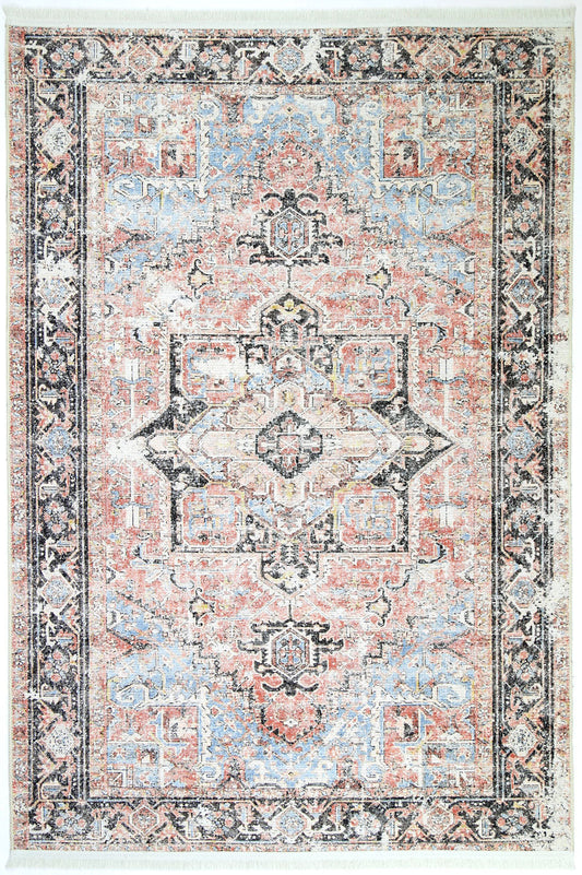 Annabel Distressed Vintage Terracotta & Sky Blue Rug - VITAL 2664-07 (with fringe)