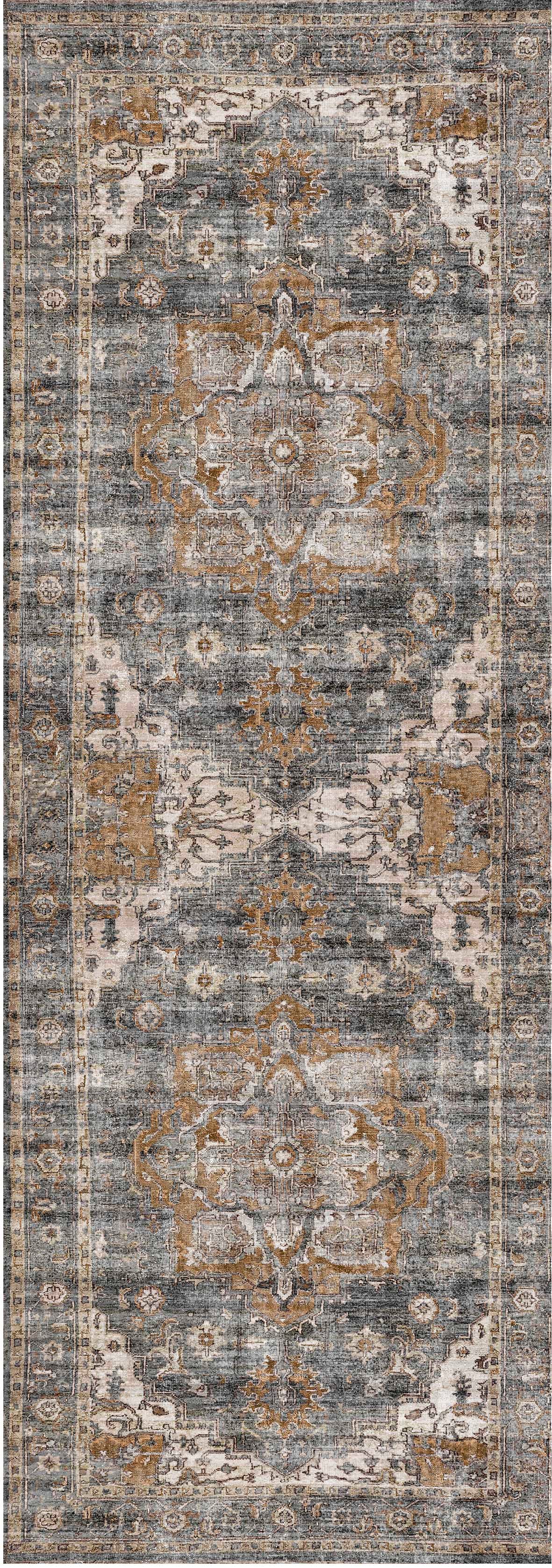 Distressed Vintage Cezanne Rabbit Gray Inca Gold Runner Rug - VITAL 2244-04