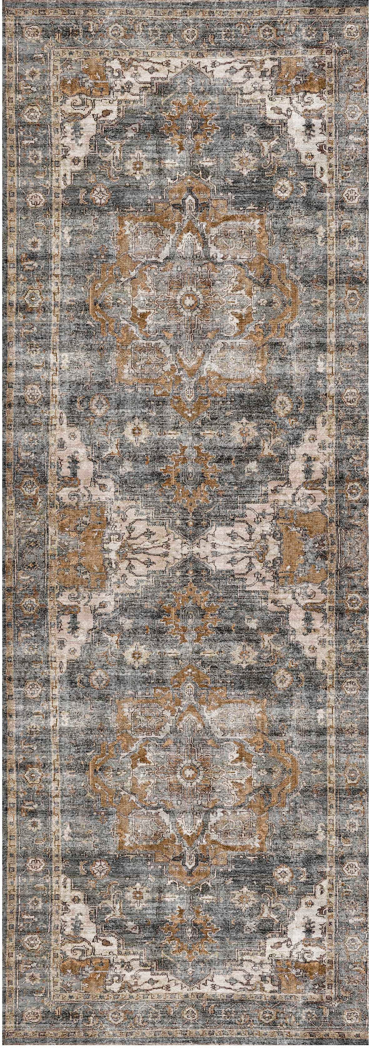 Distressed Vintage Cezanne Rabbit Gray Inca Gold Runner Rug - VITAL 2244-04