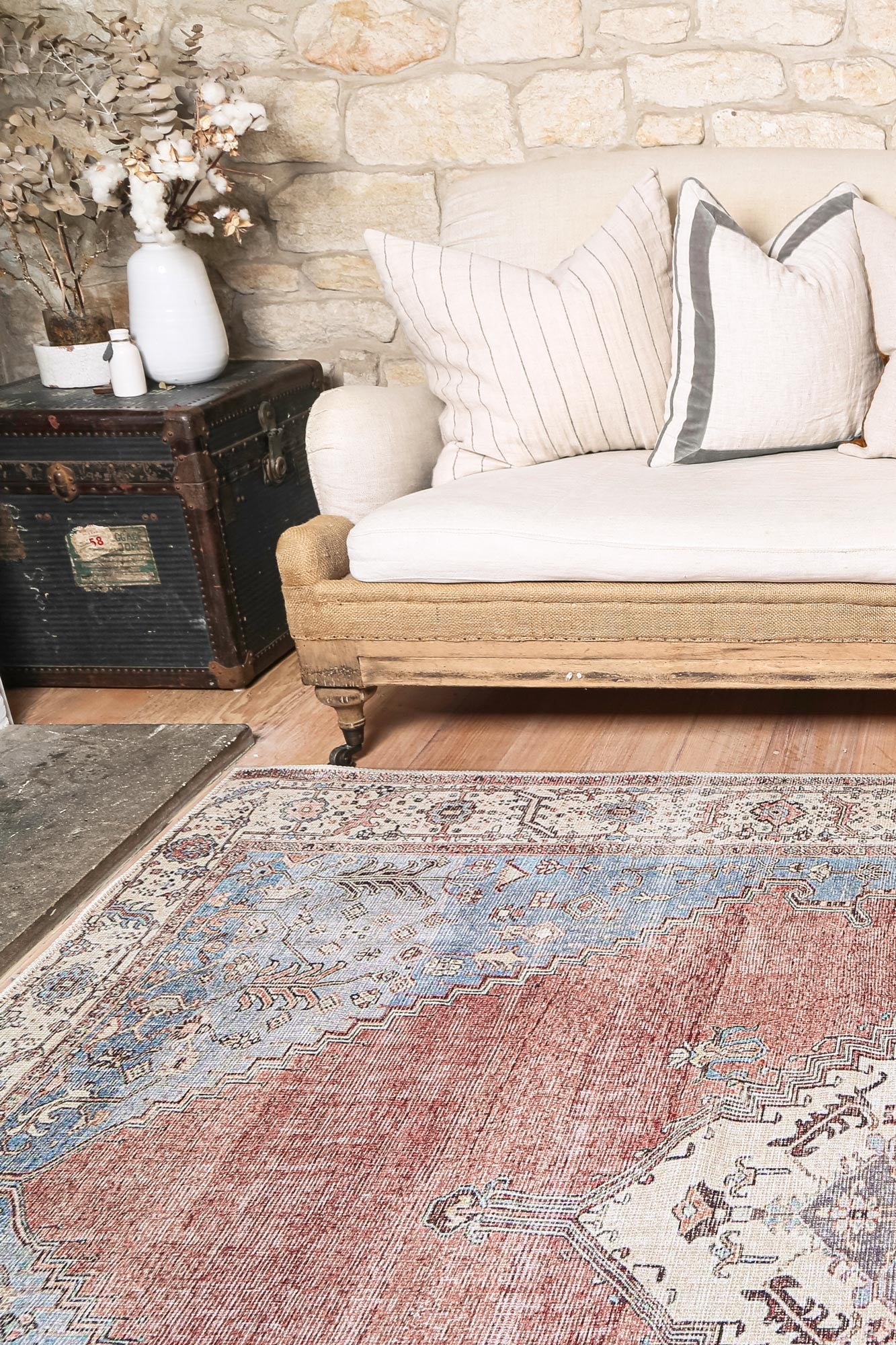 Distressed Vintage Belle Rust Blue Washable Rug - VITAL 3180-00