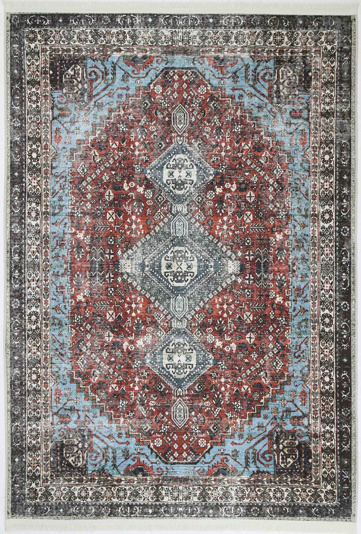 Loane Distressed Vintage Ruby & Sky Blue Rug - VITAL 2923-00 (with fringe)