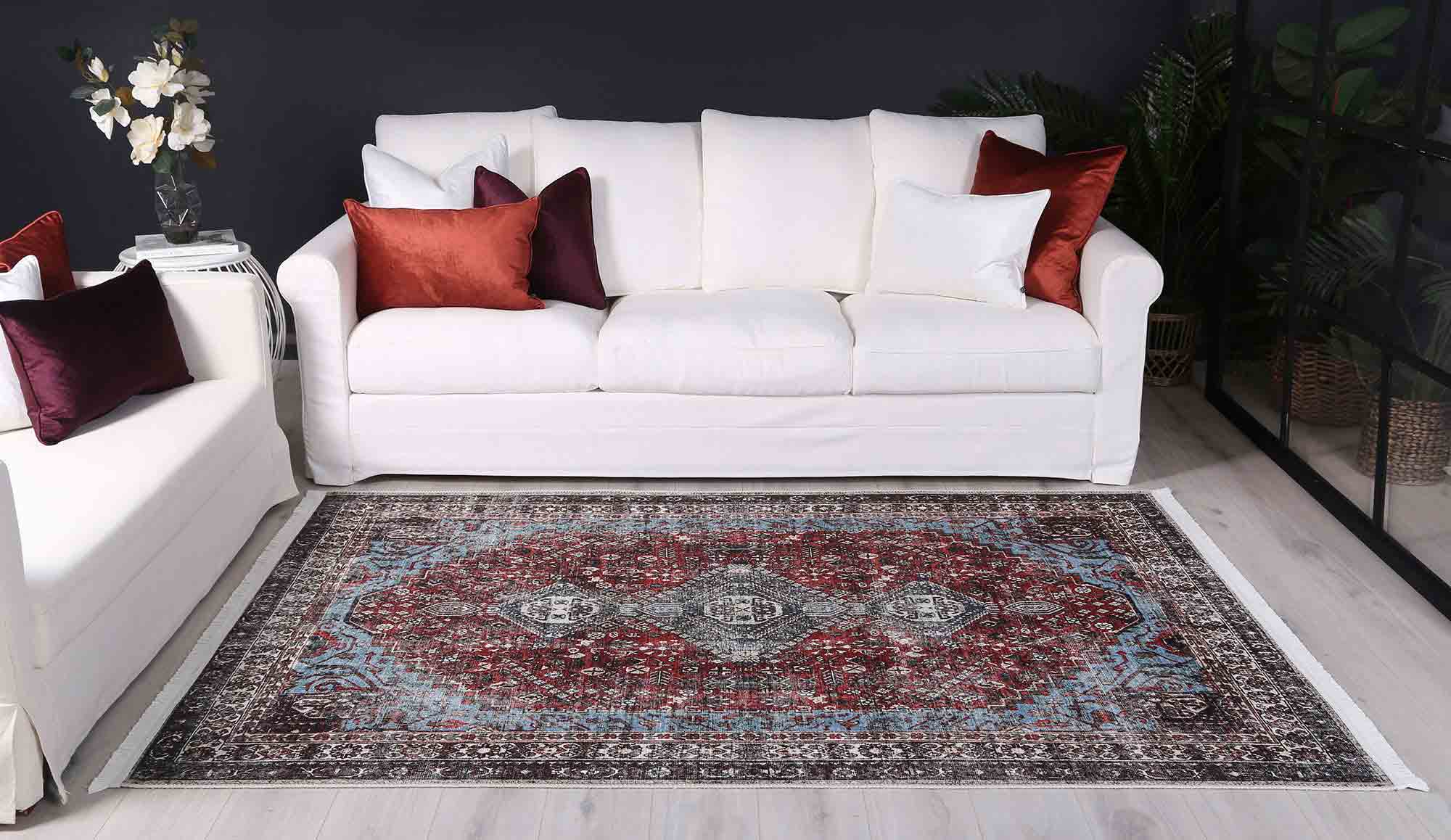 Loane Distressed Vintage Ruby & Sky Blue Rug - VITAL 2923-00 (with fringe)
