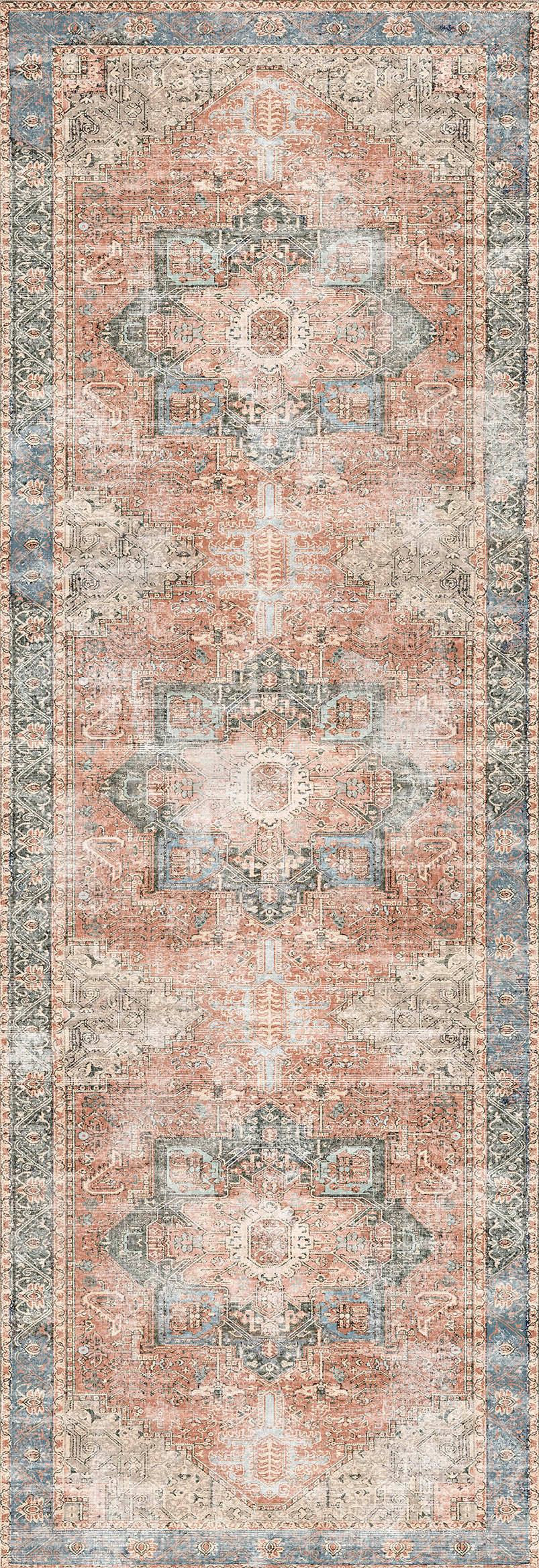Distressed Vintage Cezanne Terracotta Blue Washable Runner - VITAL 1610-01