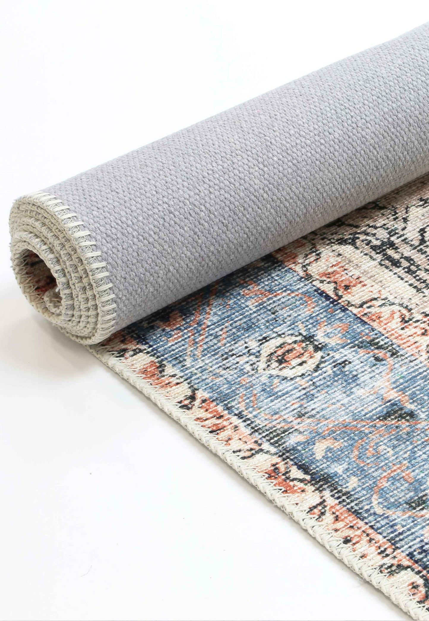 Distressed Vintage Cezanne Terracotta Blue Washable Runner - VITAL 1610-01