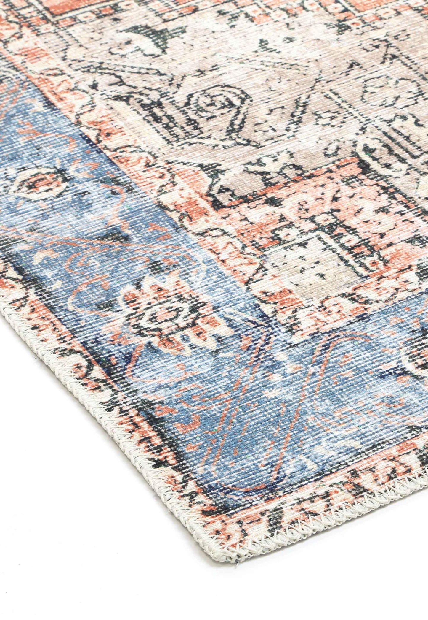 Distressed Vintage Cezanne Terracotta Blue Washable Runner - VITAL 1610-01