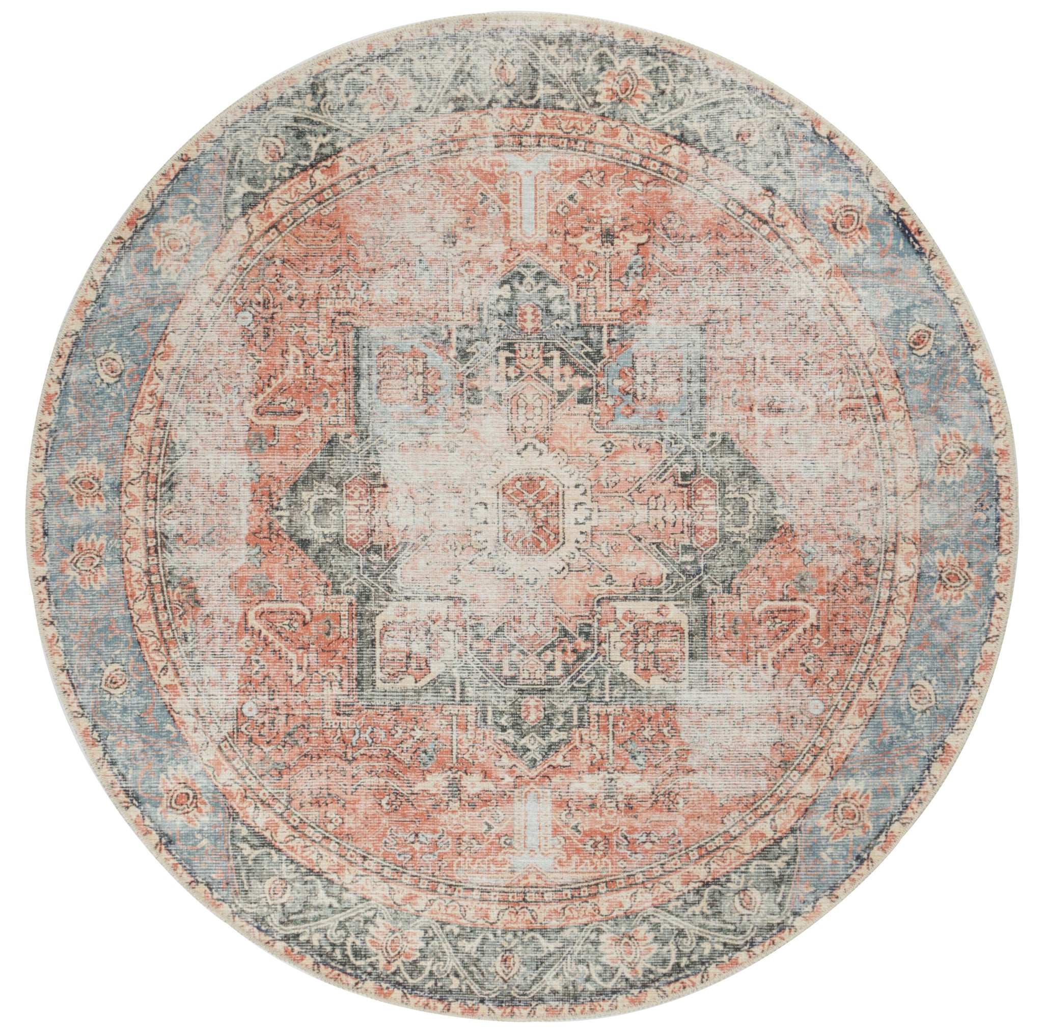 Distressed Vintage Cezanne Terracotta Blue Washable Round Rug - VITAL 1610-01