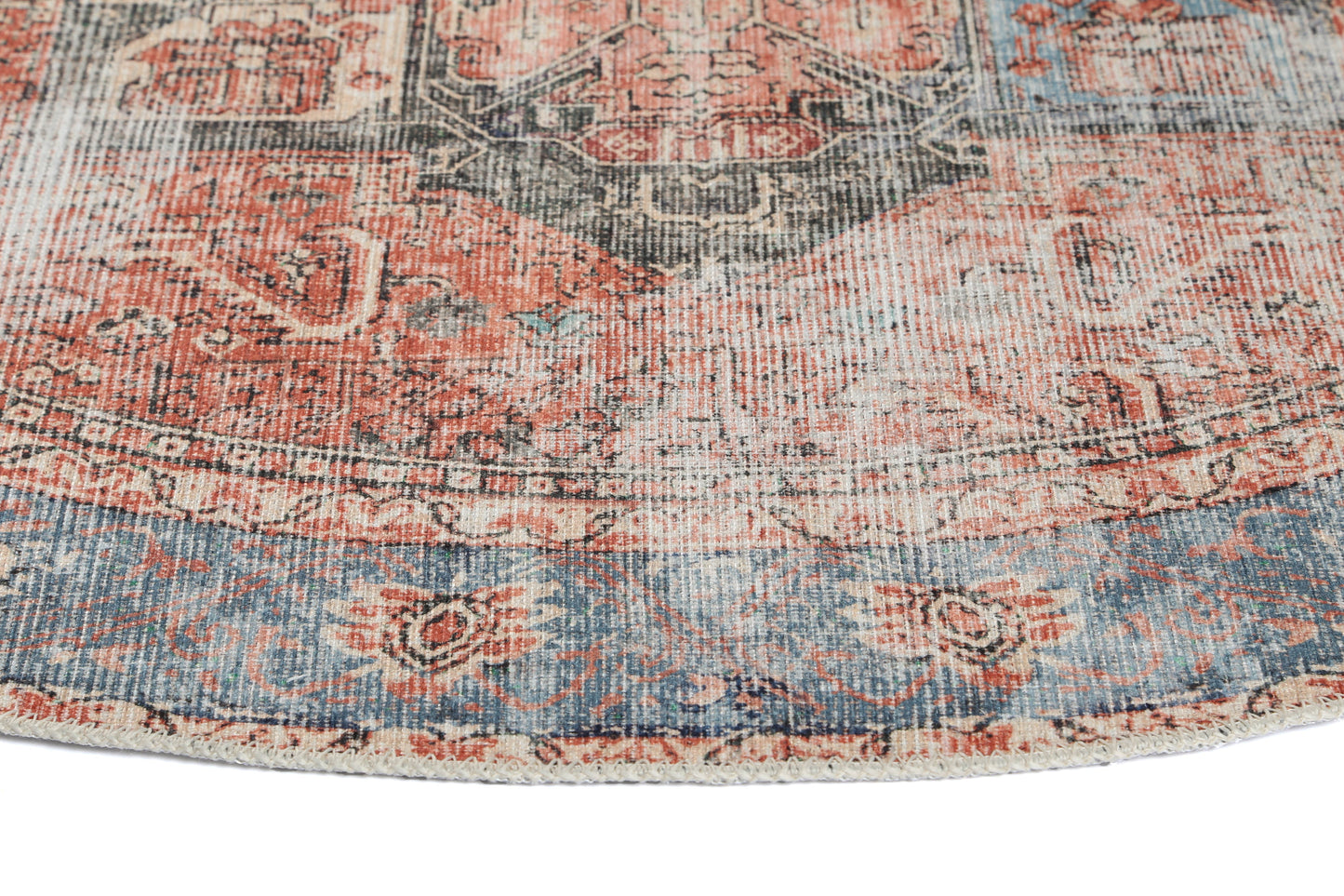 Distressed Vintage Cezanne Terracotta Blue Washable Round Rug - VITAL 1610-01