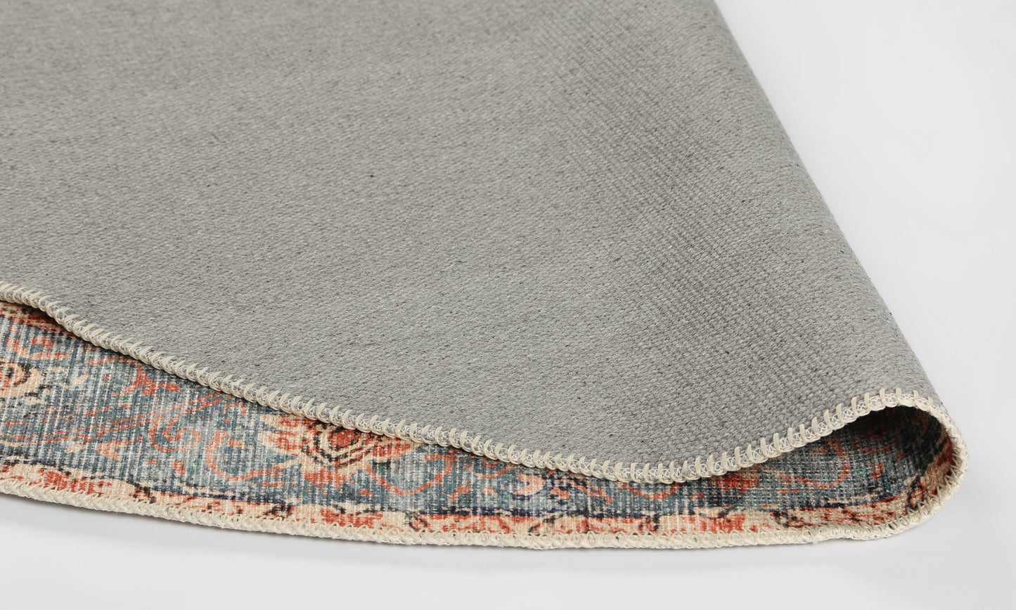 Distressed Vintage Cezanne Terracotta Blue Washable Round Rug - VITAL 1610-01