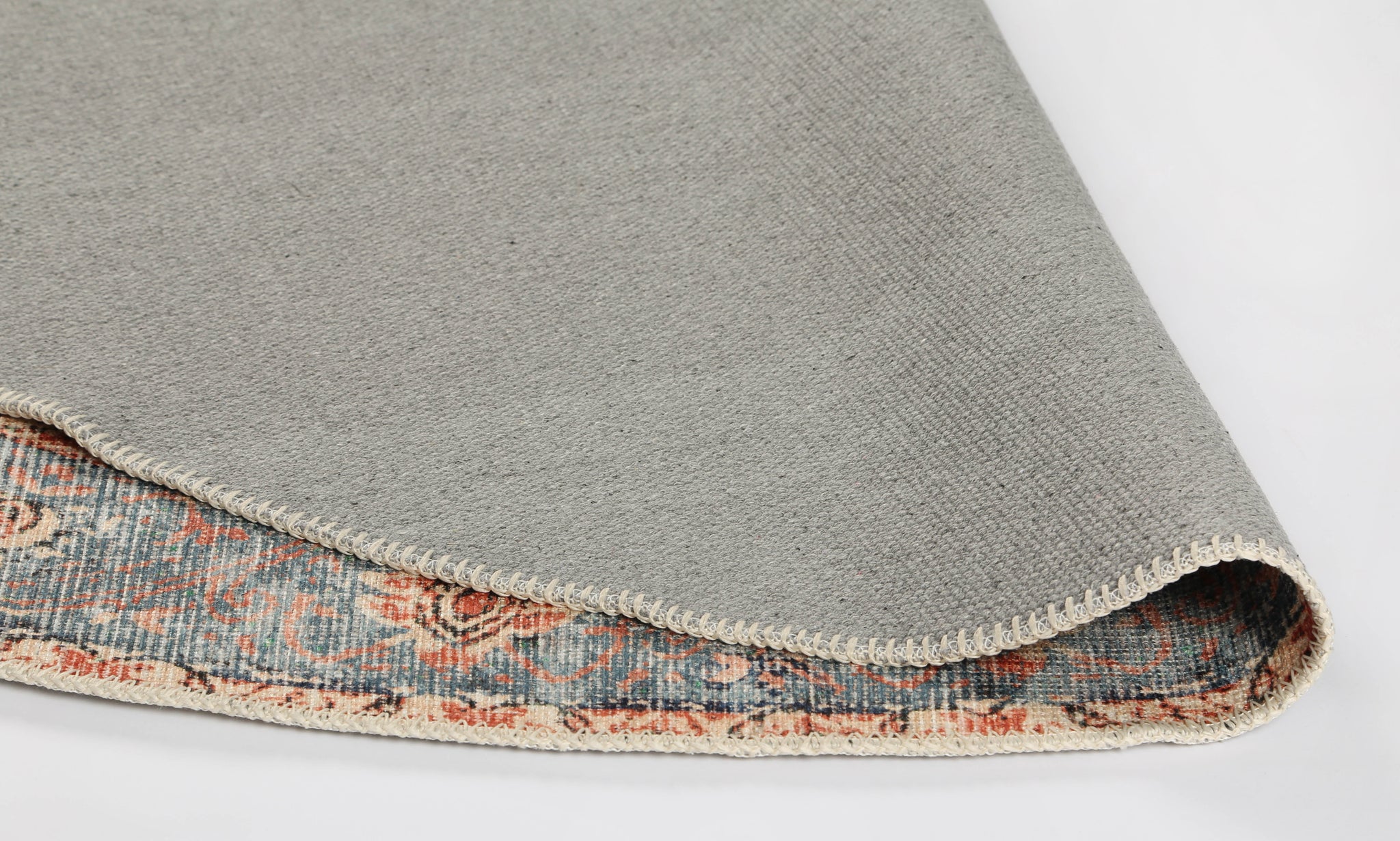 Distressed Vintage Cezanne Terracotta Blue Washable Round Rug - VITAL 1610-01