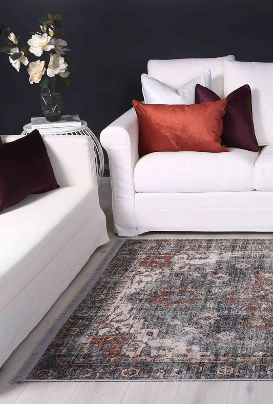 Distressed Vintage Cezanne Rabbit Gray Inca Gold Area Rug - VITAL 2244-04 (with fringe)